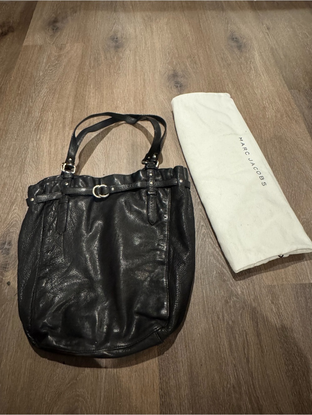 Marc Jacobs Black Leather Shoulder Tote with Ring Detail